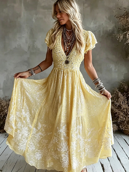 Cardydony Women's Vintage Rose Art Embroidered Linen Blend V Neck Casual Maxi Dress