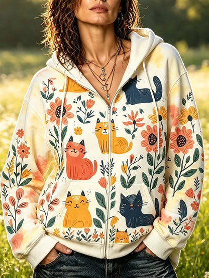 Cardydony Women's Cat & Floral Pattern Zip-up Hoodie - Cute Animal Graphic Hooded Sweatshirt