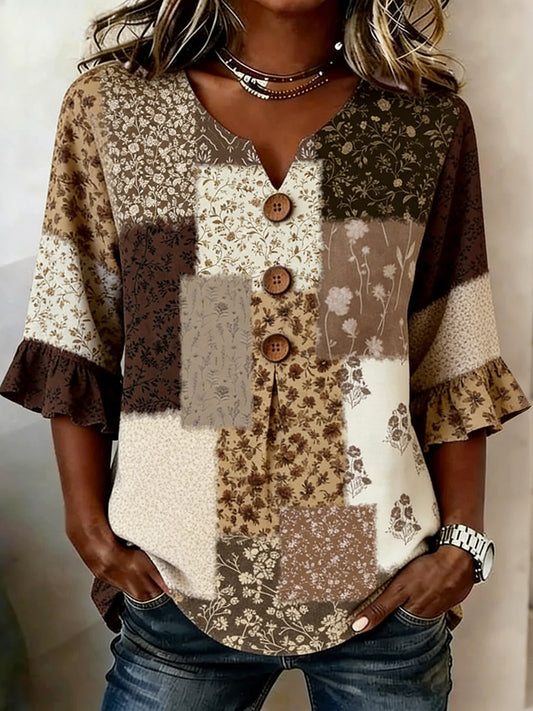 Cardydony Women's Bohemian Vintage Floral Patchwork Art Print Flowy Casual Tops