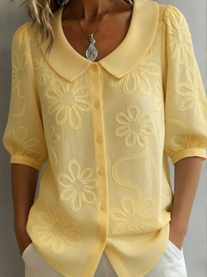 Cardydony Loose Vintage Button Embroidered Floral Mid-sleeve Shirt