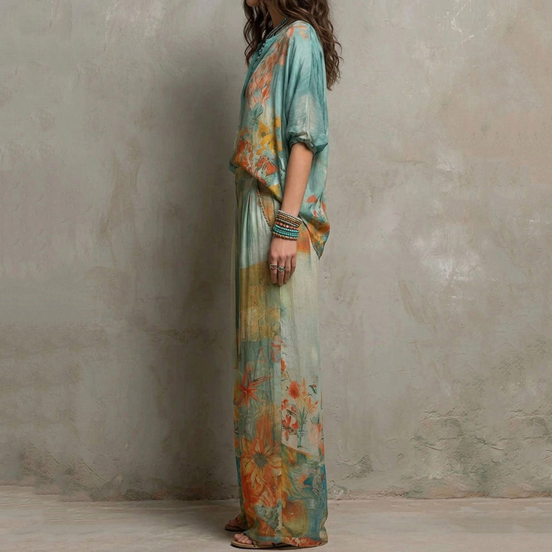 Cardydony Retro Floral Print Shirt Two Piece Set
