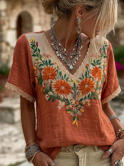 Cardydony Women's Retro Ethnic Floral Patchwork Casual T-shirt