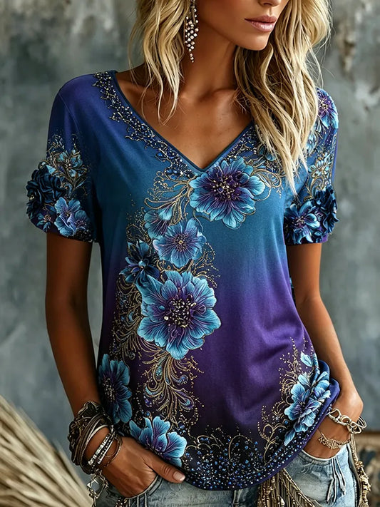 Cardydony Holiday Floral Lace Gradient V-neck Cotton Linen T-shirt