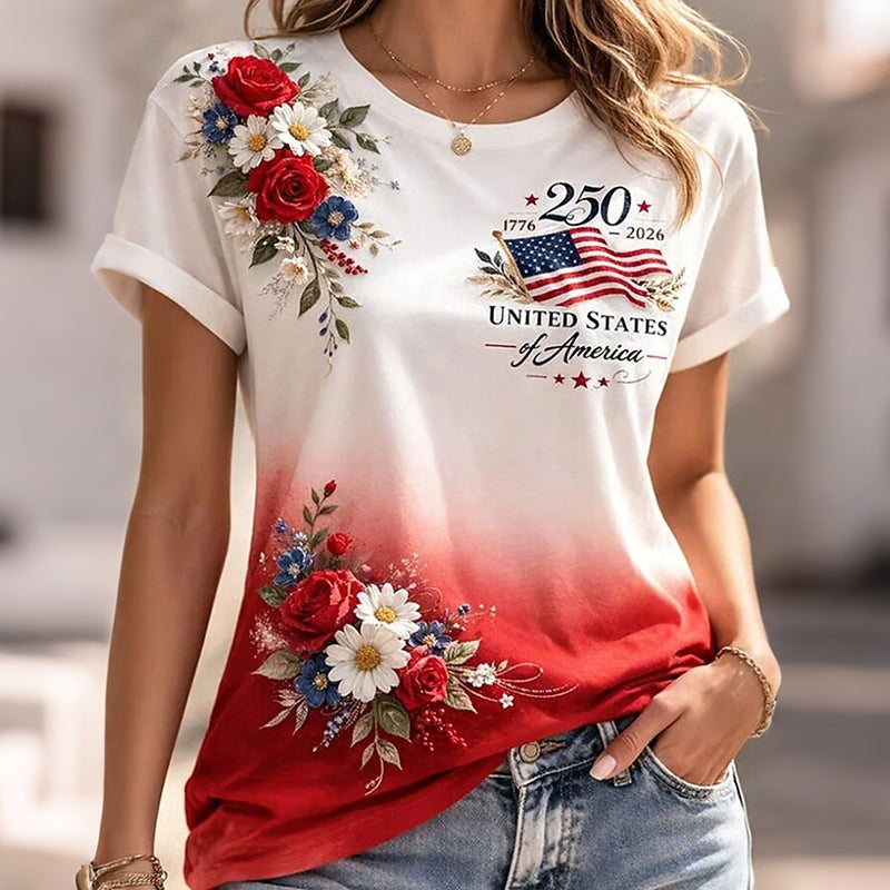 Cardydony Women's American 250th Anniversary Floral Art Round Neck T Shirt
