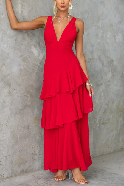 Cardydony Women's Solid Color V-neck Sleeveless Elegant Layered Maxi Dress