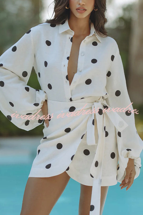 Cardydony Women's Effortlessly Linen Blend Polka Dot Balloon Sleeve Blouse and Wrap Tie-up Loose Mini Skirt Set
