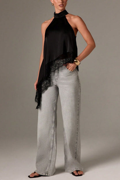 Cardydony Women's Solid Color Satin Sleeveless Lace Hem Loose Top