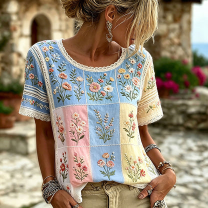 Cardydony Women's Floral And Lace Art Embroidery Spliced Vintage Casual Short Sleeve Top