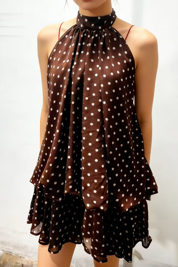 Cardydony Women's  Fashionable Chiffon Halter Neck Backless Lace-up Casual Vacation Mini Dress