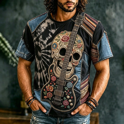 Cardydony Men's Retro Hippie Flowers On The Skull With Music Patchwork Art Short Sleeve T-shirt