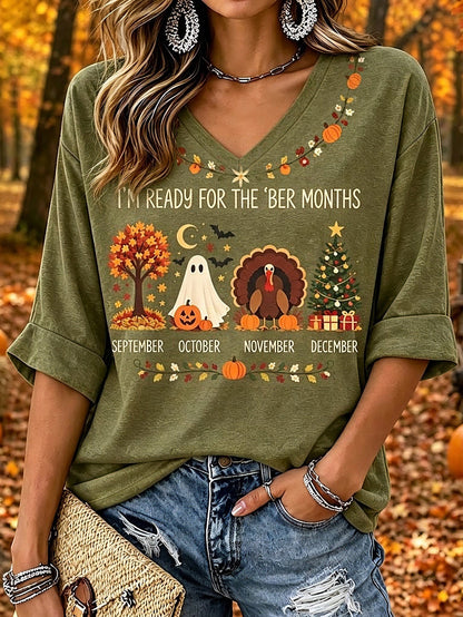 Cardydony Women's Retro Autumn Casual V-neck T-shirt