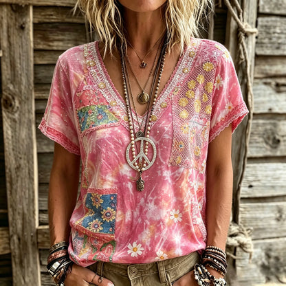 Cardydony Women's Retro Floral Art Peace Symbol Embroidery Cotton Linen V-neck T-shirt