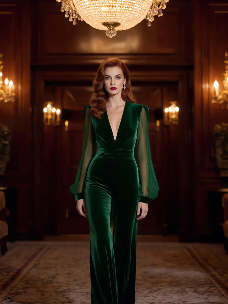 Cardydony Retro Elegant V Neck Velvet Jumpsuit