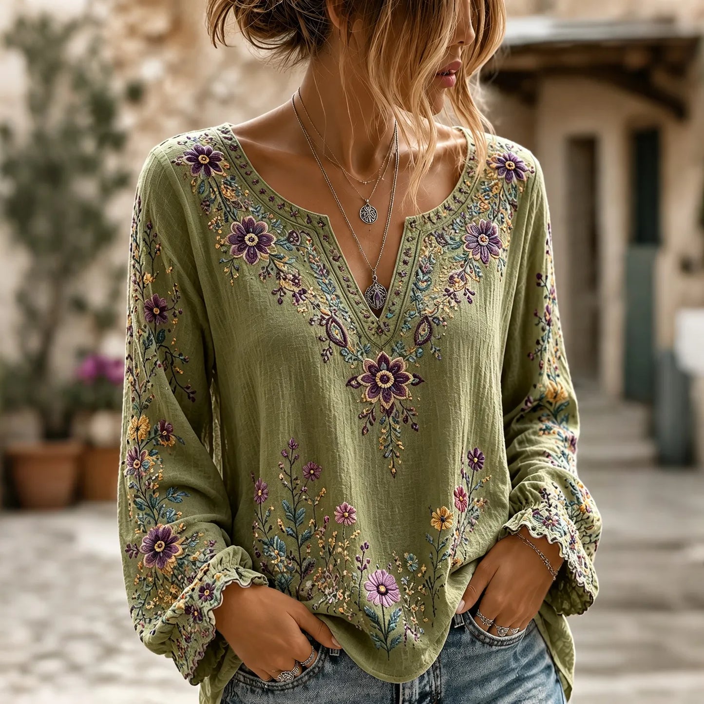 Cardydony Women's Retro Boho Floral Art Cotton Linen V Neck T-shirt