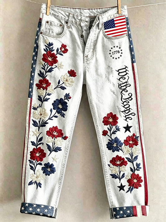 Cardydony Women's Retro Independence Day Floral Print Jeans