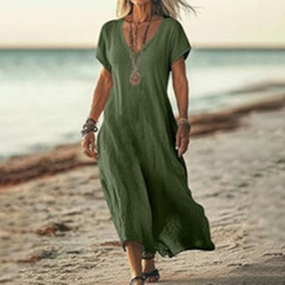 Cardydony Women's Solid Color V-neck Linen Blend Short Sleeve Dress