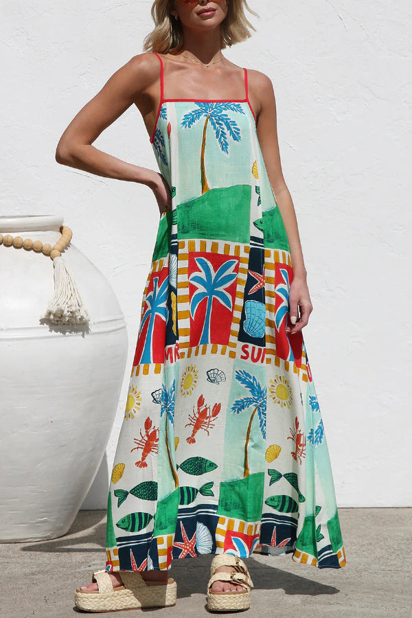 Cardydony Women's Summer-themed Printed Square Neck Sleeveless Pocket Loose Maxi Dress