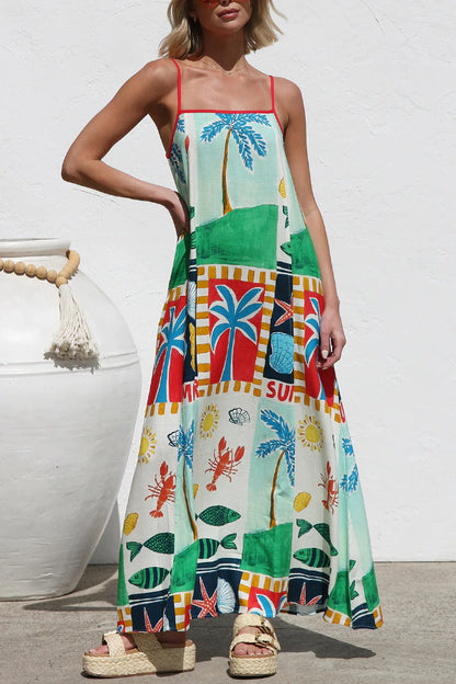 Cardydony Women's Summer-themed Printed Square Neck Sleeveless Pocket Loose Maxi Dress
