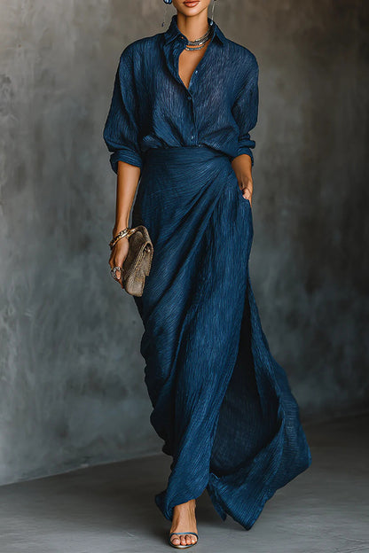 Cardydony Women's Solid Color Loose-fitting Collared Long-sleeved Shirt and Elegant Pleated Maxi Skirt Set