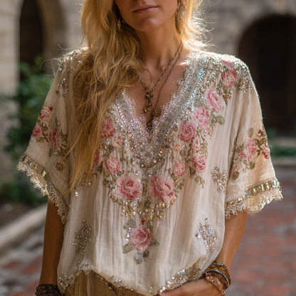 Cardydony Women's Retro Bohemian Style Rose Floral Print Embroidered Sequin Short-sleeve Top 1