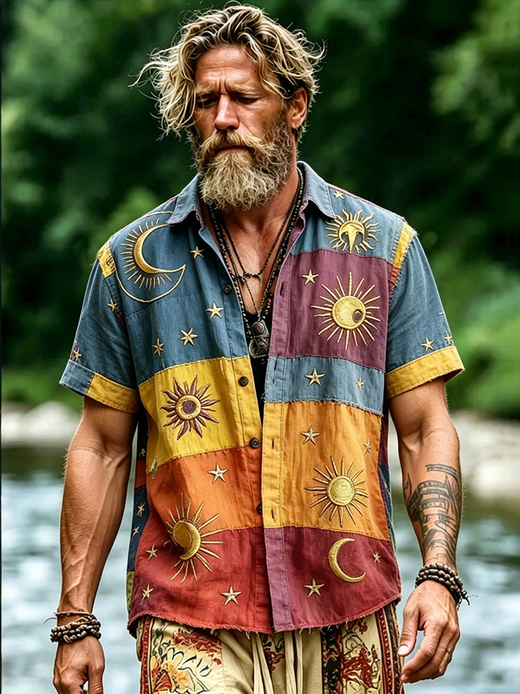 Cardydony Men's Vintage Patchwork Sun Moon Art Print Cotton Linen Shirt