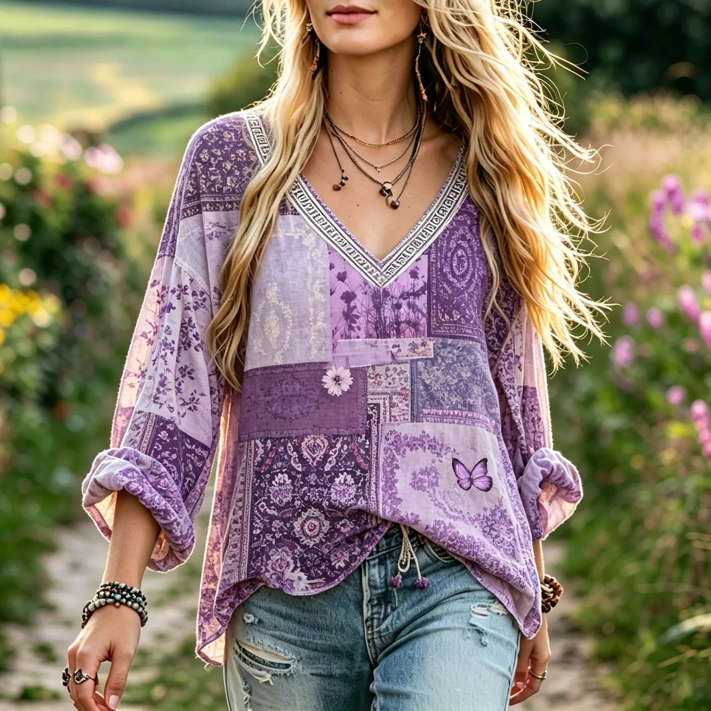Cardydony Women's Retro Resort Patchwork Floral Print Cotton Linen Top