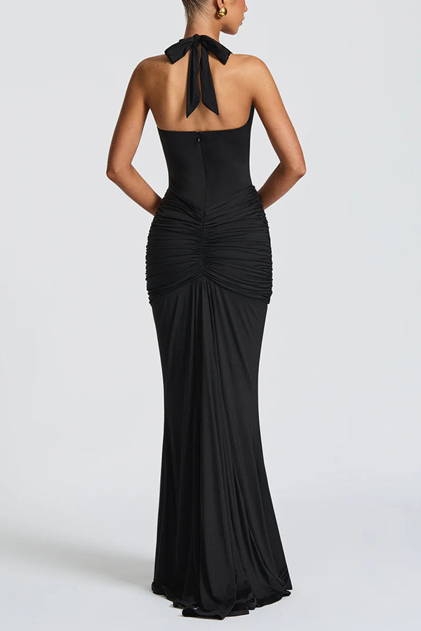 Cardydony Women's Solid Color Elegant Halterneck V-neck Open Back Tie Gathered Maxi Dress