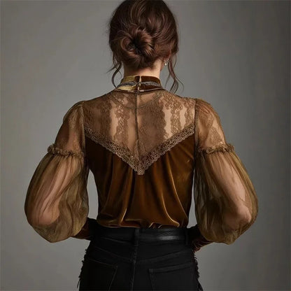 Cardydony Mesh Splicing Black Lace Hollow Lace Top