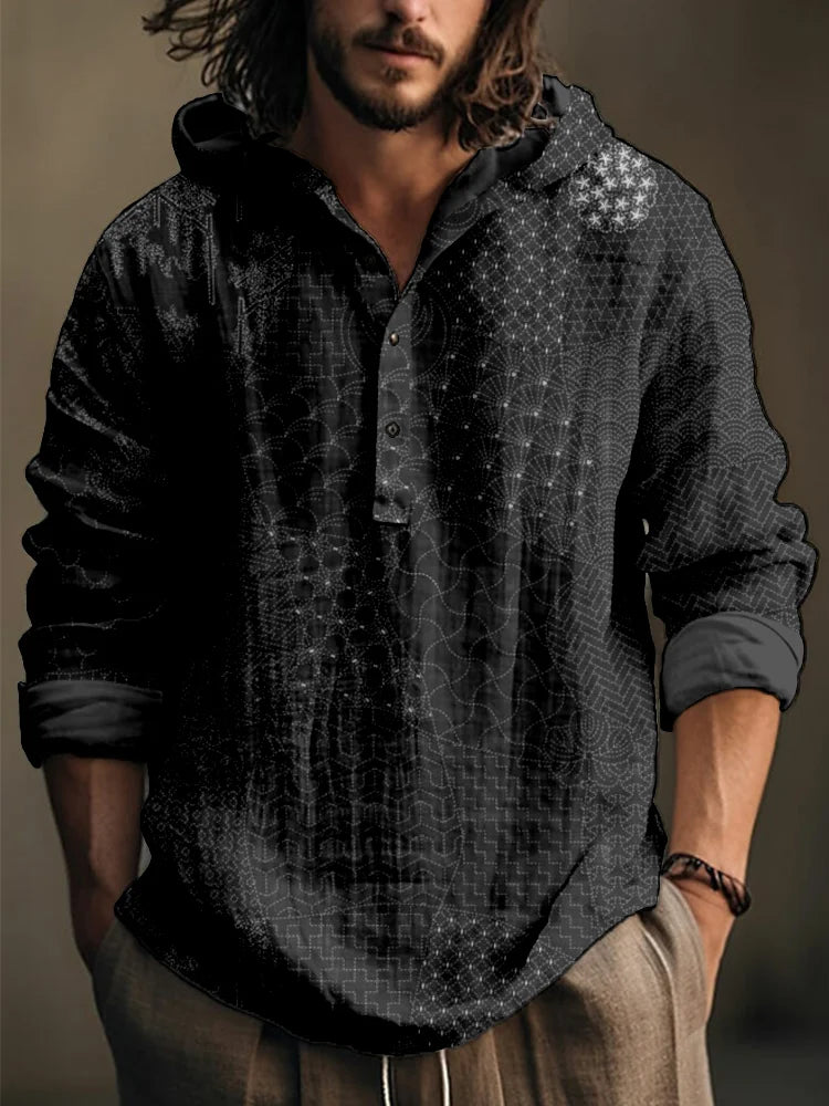 Cardydony Men's Japanese Traditional Sashiko Art Linen Blend Hooded Shirt