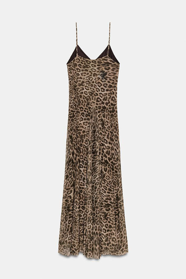 Cardydony Women's Jaycie Tulle Leopard Print V-neck Pleated A-line Hem Slip Maxi Dress