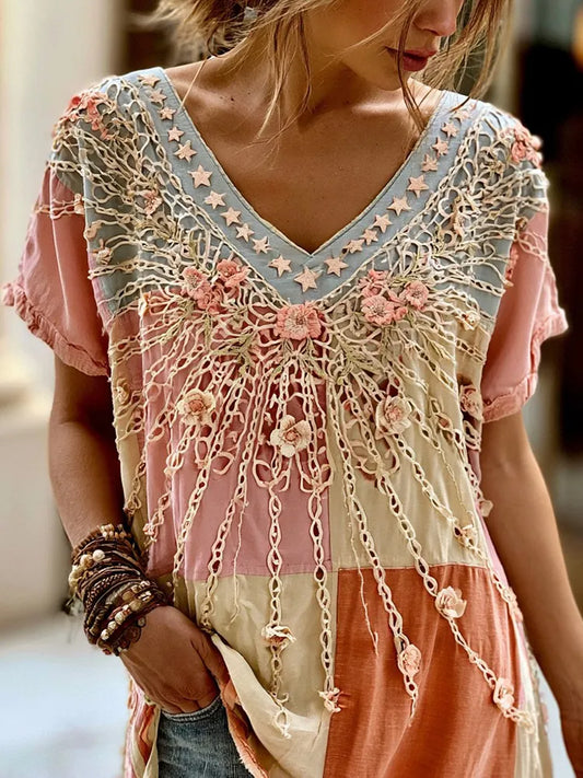 Cardydony Women's Bohemian Floral Color Block Comfortable Short-sleeve T-shirt