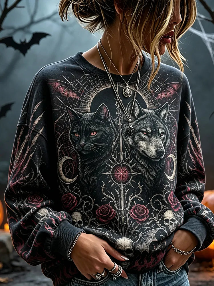 Cardydony Women's Goth Cat & Wolf Graphic Crewneck Sweatshirt - Dark Floral & Skull Print