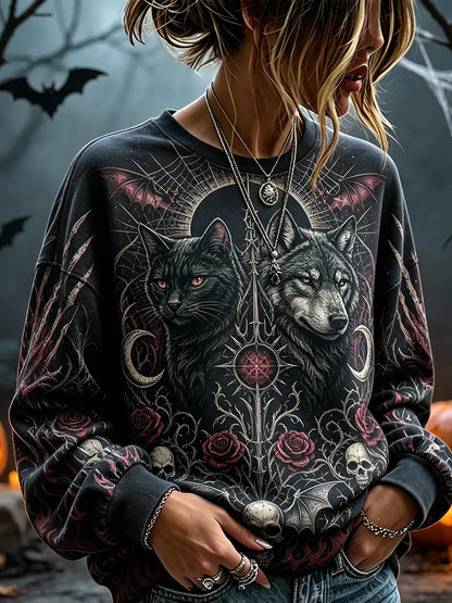 Cardydony Women's Goth Cat & Wolf Graphic Crewneck Sweatshirt - Dark Floral & Skull Print