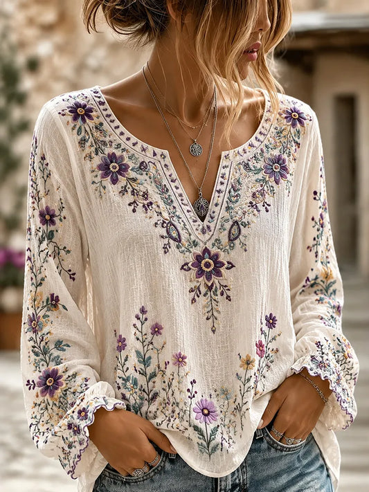 Cardydony Women's Retro Boho Floral Art Cotton Linen V Neck T-shirt