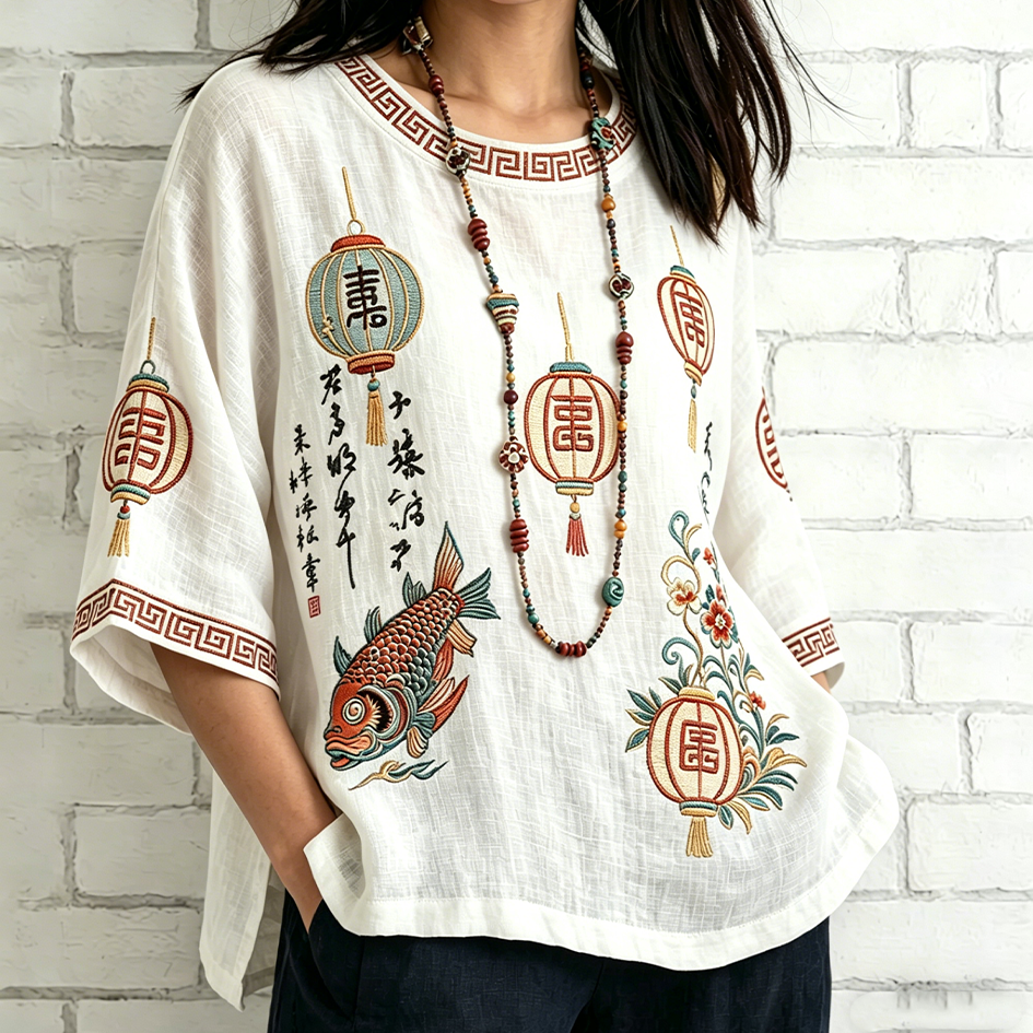 Cardydony Japanese Art Lady Retro Pattern Casual Linen Top