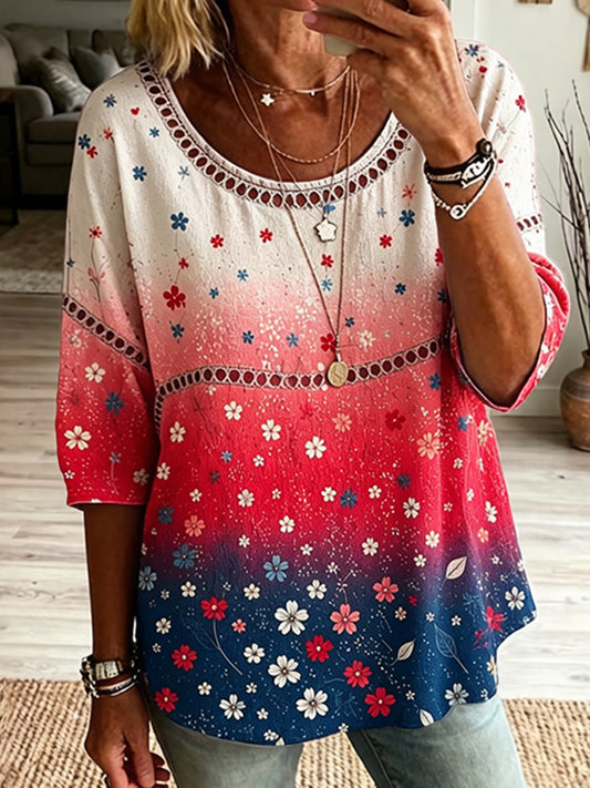Cardydony Women's Independence Day And Floral Art Flowy Linen Blend Three Quarter Sleeves T-shirt
