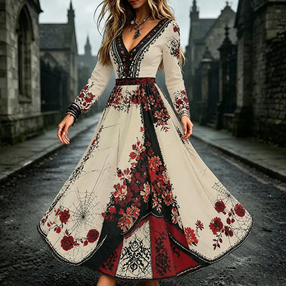 Cardydony Women's Retro Halloween Floral Spiderweb Color Block Art Print V-neck Long Sleeve Dress
