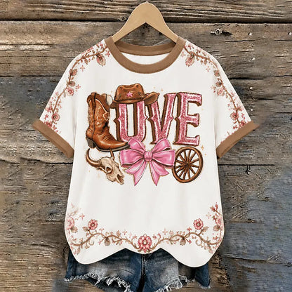 Cardydony Women's Western Country Cowboy Love Bow Short Sleeve Top