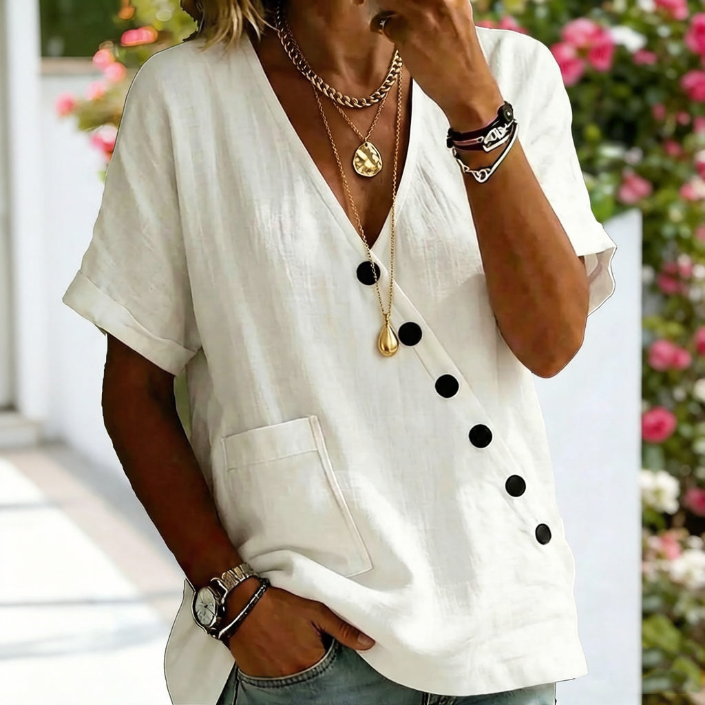 Cardydony Women's Solid Color V-neck Button Pocket Linen Blend T-shirt