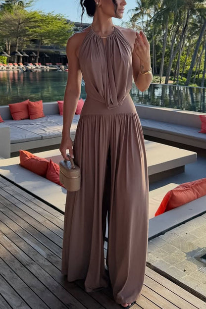 Cardydony Women's Lightweight Chic Metal Ring Drape Cowl Halter Neck Bodysuit and Elastic Waist Wide Leg Pants Set