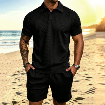 Cardydony Men's Leisure Textured Polo Shirt And Shorts Two Piece Set