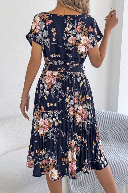 Cardydony Women's Floral Print Round Neck Fitted Waist Tie Pleated Midi Dress