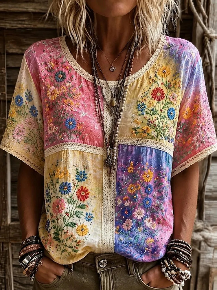 Cardydony Women's Retro Hippie Floral Patchwork Art Linen Blend Short Sleeve Tops