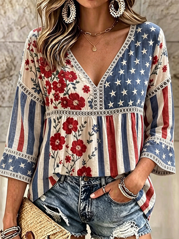 Cardydony Women's Independence Day With Floral Stripes Print Three Quarter Sleeves T-shirt