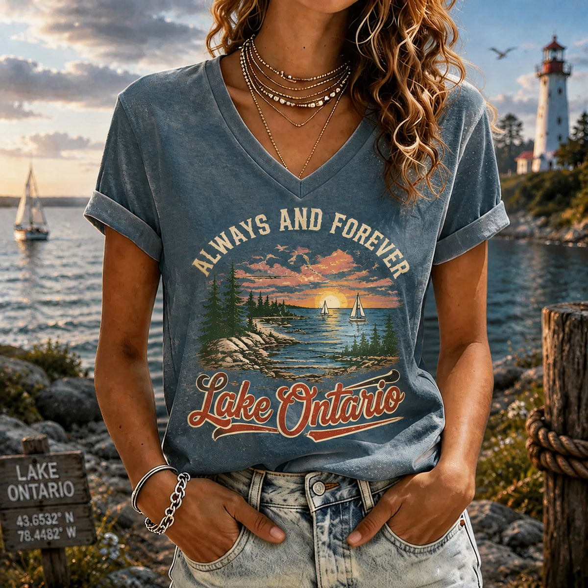 Cardydony Retro Sunset Lakeside Ontario Timeless V-neck T-shirt