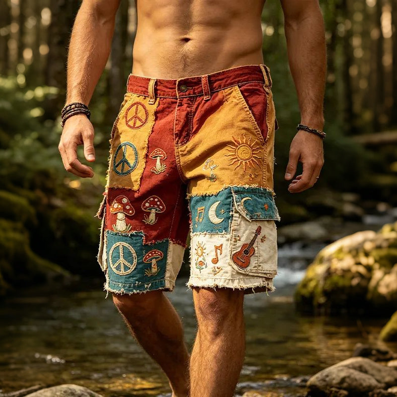 Cardydony Men's Color-blocked Retro Outdoor Casual Hippie Print Shorts