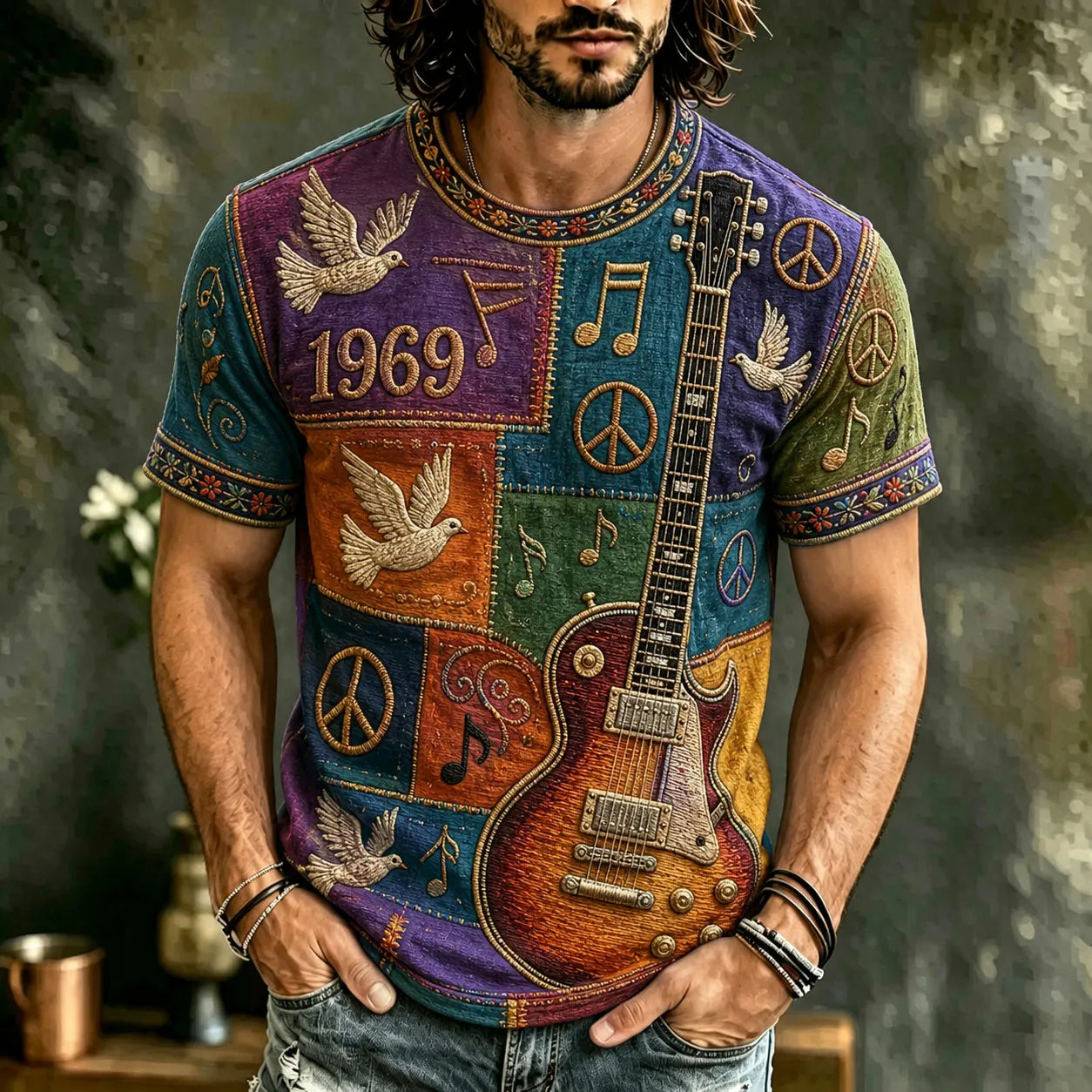 Cardydony Men's Hippie Music Guitar Pattern Patchwork Print T-shirt