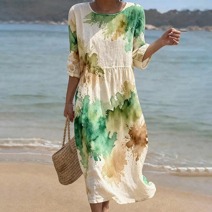 Cardydony Vintage Ink Art Pattern Linen Blend Loose Three-quarter Sleeve Dress