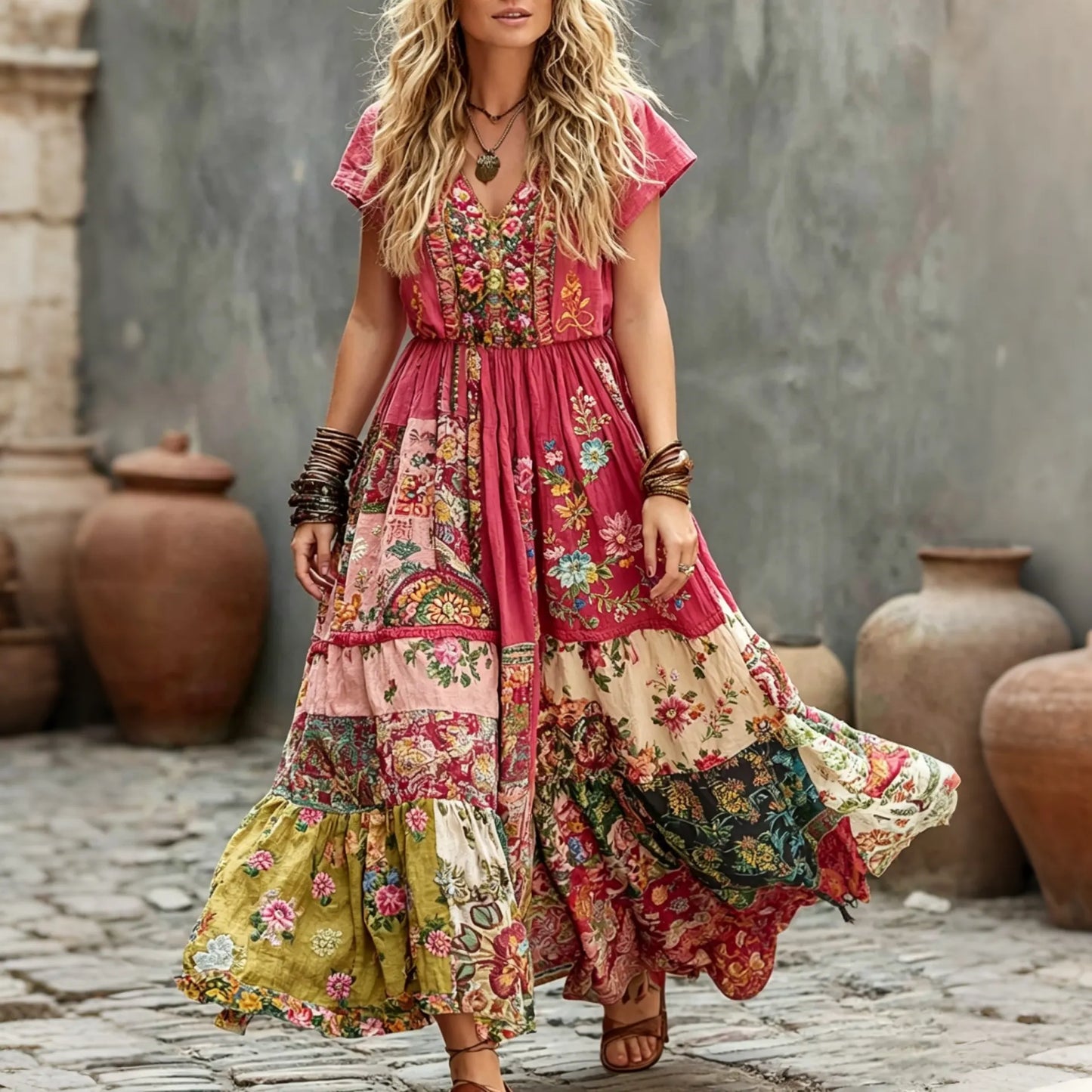 Cardydony Women's Bohemian Floral Embroidery Art Casual Linen Blend V Neck Maxi Dress