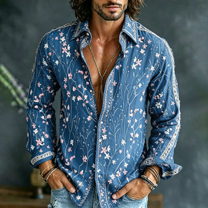 Cardydony Men's Retro Floral Embroidered Art Print Flowy Linen Blend Shirt